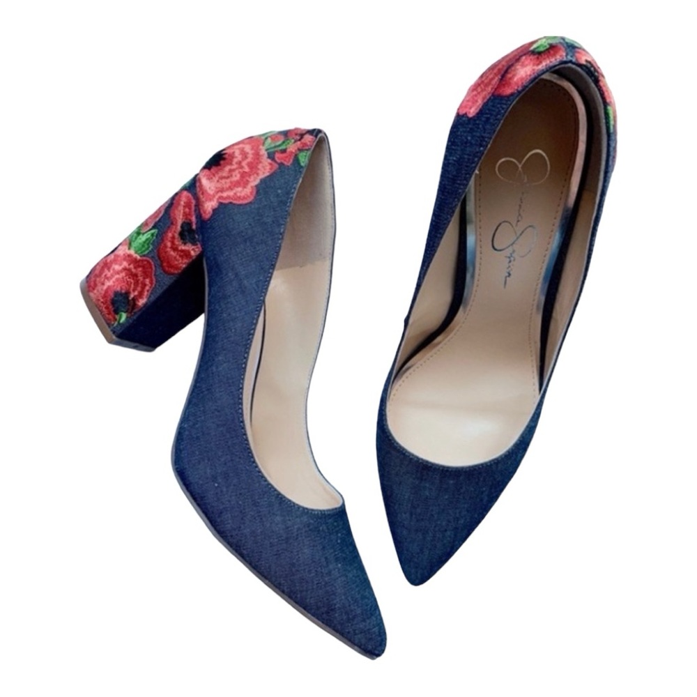 Jessica Simpson Denim Heels with Red Floral Design